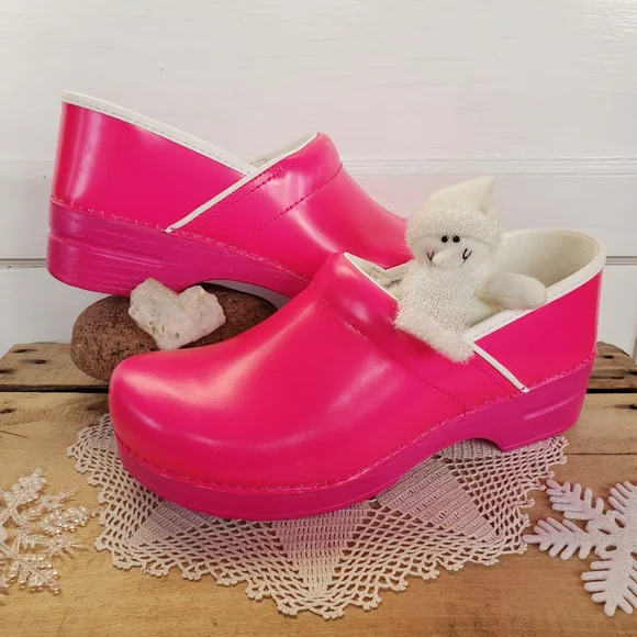Neon Bunny Pink Dansko Pro Clogs Leather Bright Boho Cottage Spirited Festive 38 - Picture 12 of 12